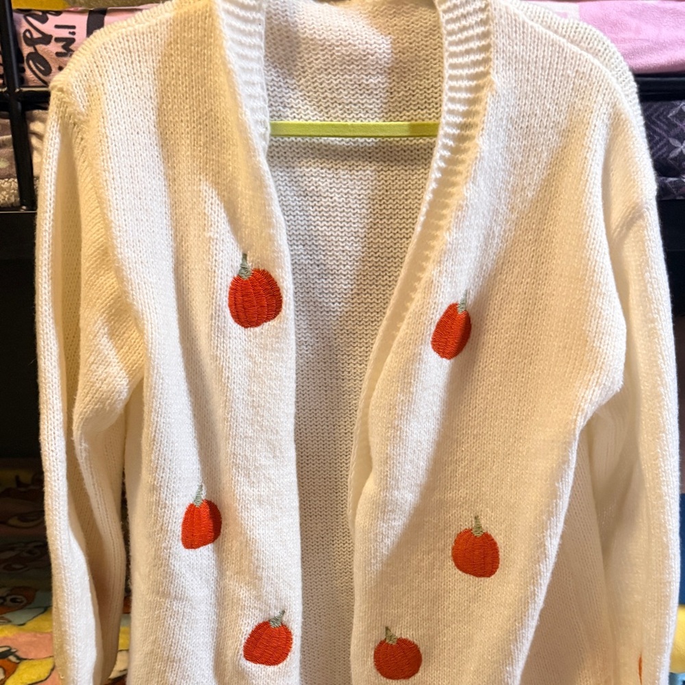 Trendy Boutique White Cardigan with Pumpkin Embroidery